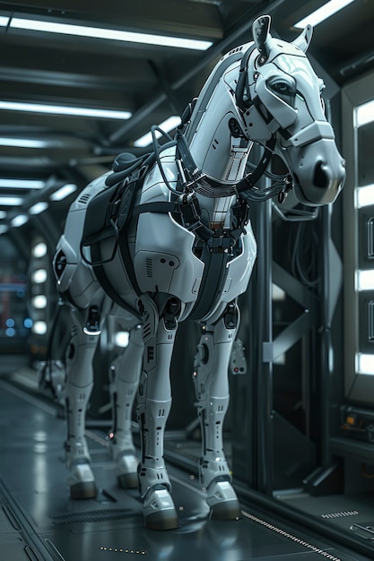 Uitzicht op een paard met mechanische en robotonderdelen in futuristische stijl