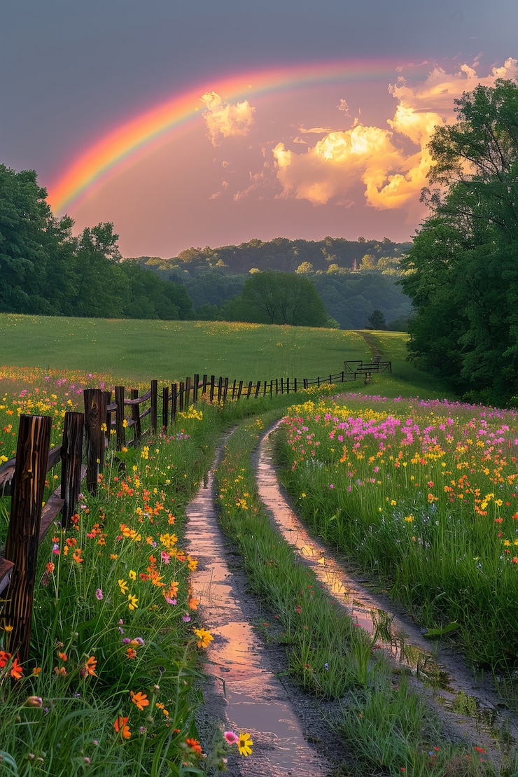 Gratis Foto uitzicht op een prachtige regenboog aan het einde van een weg