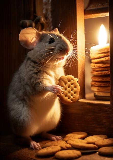 Gratis foto uitzicht op een rat met een cracker snack