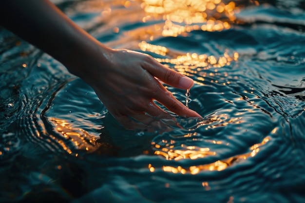 Uitzicht op een realistische hand die helder stromend water aanraakt