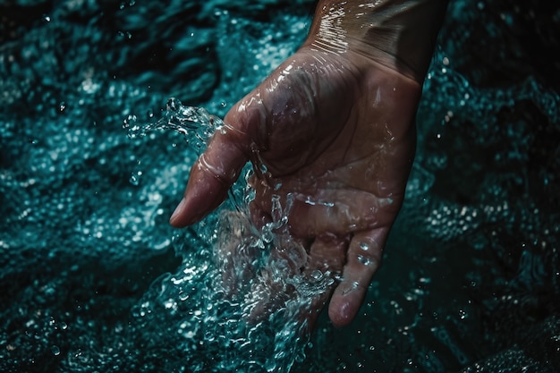 Gratis foto uitzicht op een realistische hand die helder stromend water aanraakt