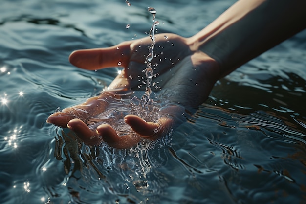 Uitzicht op een realistische hand die helder stromend water aanraakt