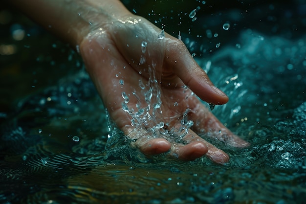 Gratis foto uitzicht op een realistische hand die helder stromend water aanraakt