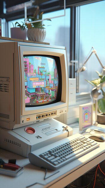 Uitzicht op een retro uitziende computer op een bureauwerkstation