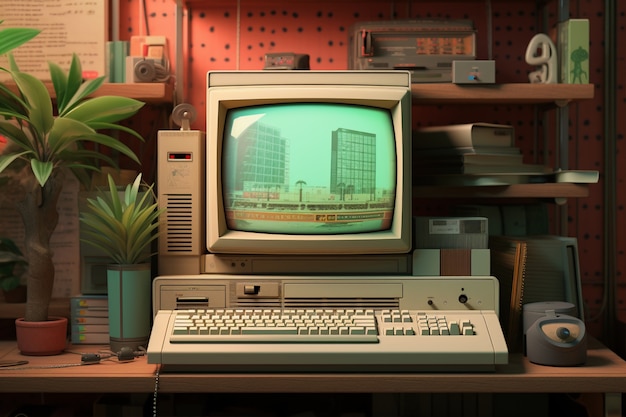 Uitzicht op een retro uitziende computer op een bureauwerkstation