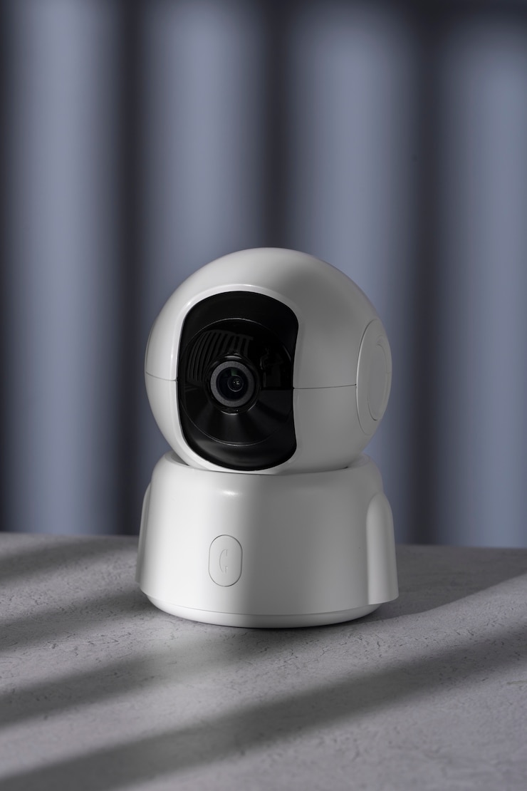 Gratis Foto uitzicht op een ronde moderne webcam met schaduw achtergrond