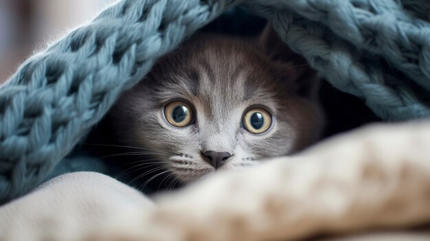 Uitzicht op een schattig kitten met een deken