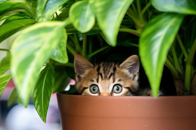 Uitzicht op een schattig kitten met een plantpop