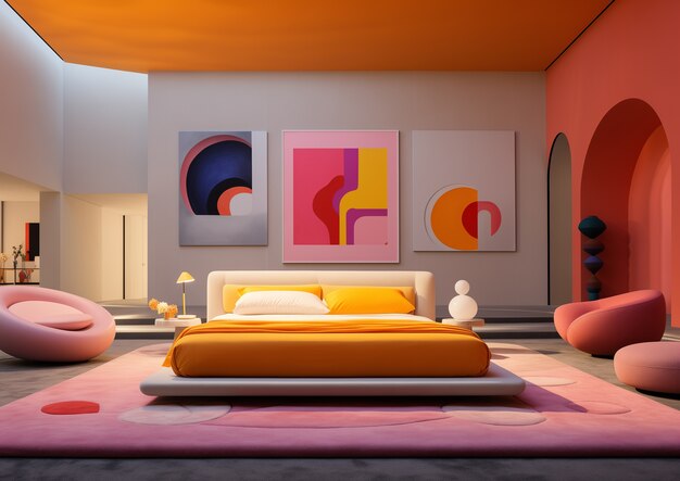 Uitzicht op een slaapkamer met een futuristisch decor en stijl