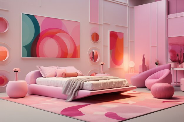 Uitzicht op een slaapkamer met een futuristisch decor en stijl