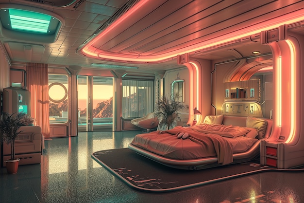 Gratis foto uitzicht op een slaapkamer met een futuristisch decor en stijl