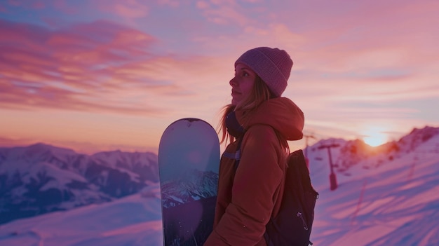 Uitzicht op een snowboardende vrouw met pasteltinten en een droomlandschap