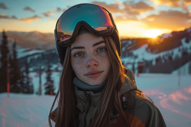 Uitzicht op een snowboardende vrouw met pasteltinten en een droomlandschap