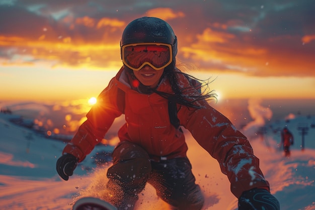 Uitzicht op een snowboardende vrouw met pasteltinten en een droomlandschap