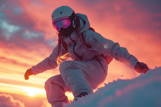 Uitzicht op een snowboardende vrouw met pasteltinten en een droomlandschap