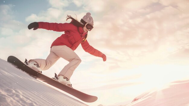 Uitzicht op een snowboardende vrouw met pasteltinten en een droomlandschap