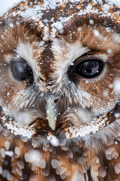 Gratis foto uitzicht op een uil in een koude omgeving met een dromerige esthetiek