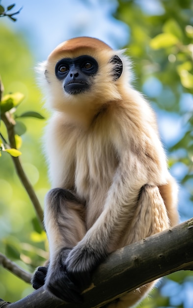 Gratis foto uitzicht op een wilde gibbon-aap in een boom