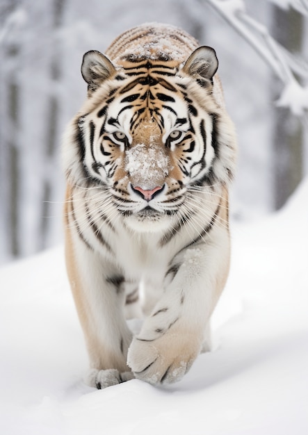 Uitzicht op een wilde tijger met sneeuw