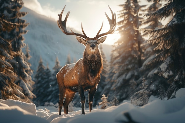 Uitzicht op elanden met winternatuurlandschap