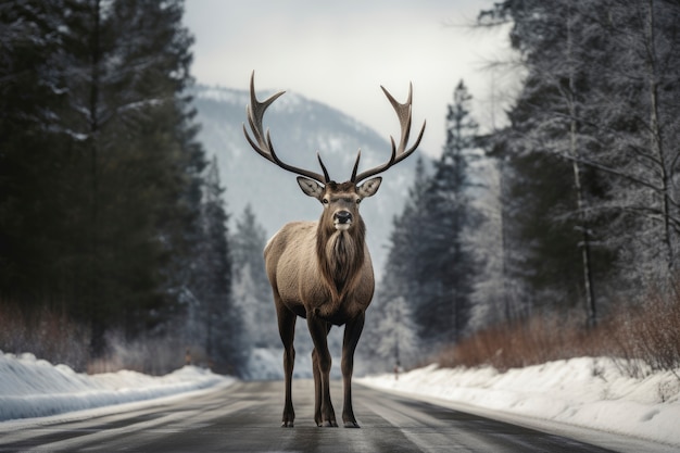 Uitzicht op elanden met winternatuurlandschap