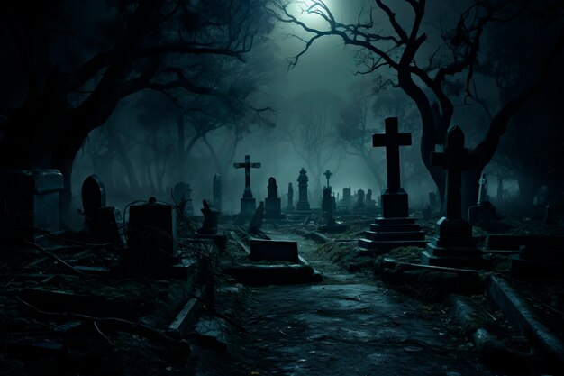 Uitzicht op enge begraafplaats 's nachts met maanlicht