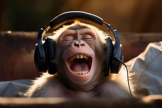Gratis foto uitzicht op grappige aap die naar koptelefoon luistert