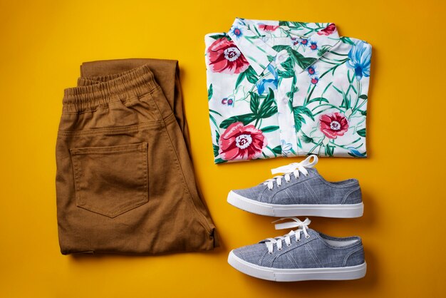 Uitzicht op hawaiiaans shirt met broek en sneakers