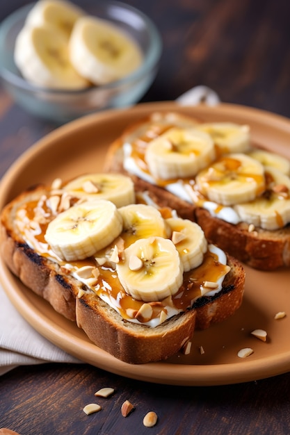 Uitzicht op heerlijke broodsandwiches met bananen