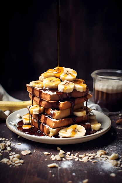 Uitzicht op heerlijke wafels met plakjes banaan en siroop