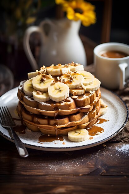 Uitzicht op heerlijke wafels met plakjes banaan en siroop