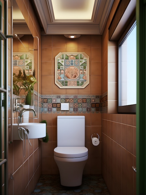 Gratis foto uitzicht op het interieur van een kleine badkamer met meubilair en inrichting in moderne stijl