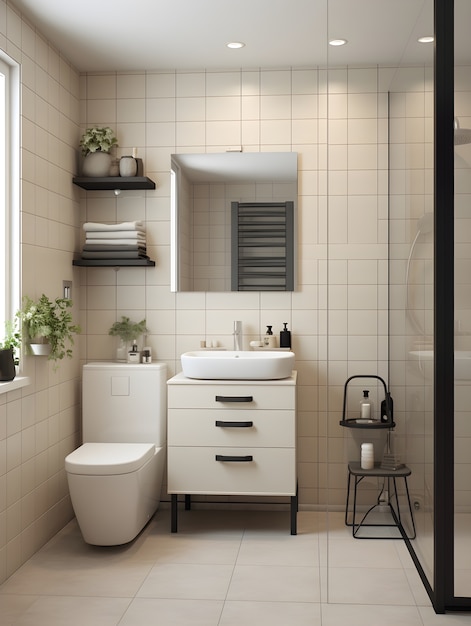 Uitzicht op het interieur van een kleine badkamer met meubilair en inrichting in moderne stijl