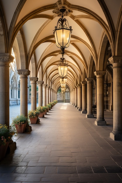 Uitzicht op het kasteel binnen met structurele bogen