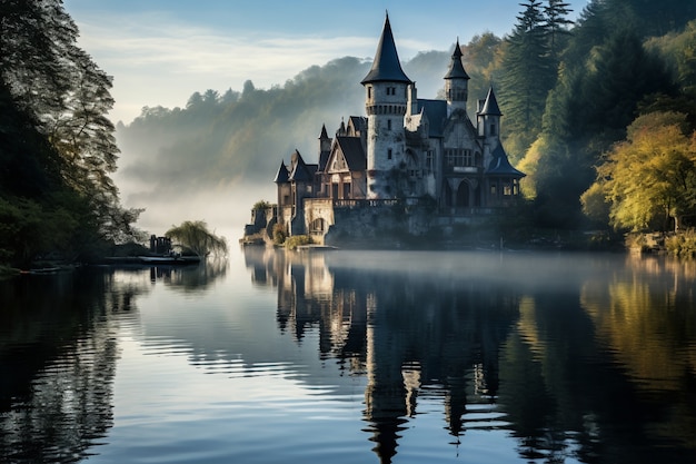 Uitzicht op het kasteel met meer en natuurlandschap