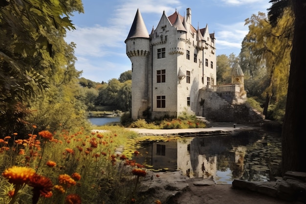 Gratis foto uitzicht op het kasteel met meer en natuurlandschap