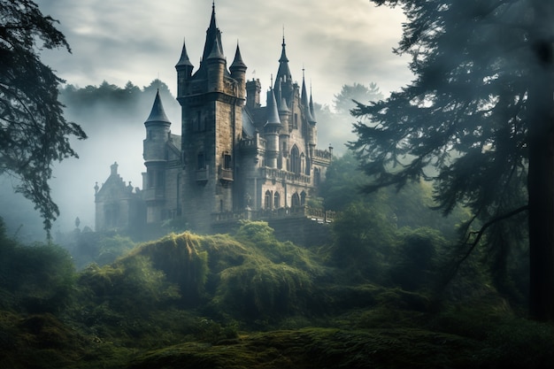 Uitzicht op het kasteel met mist en natuurlandschap