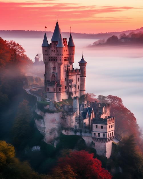 Uitzicht op het kasteel met mist en natuurlandschap