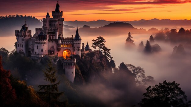 Uitzicht op het kasteel met mist en natuurlandschap