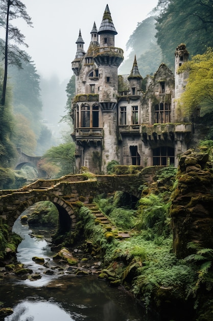 Gratis foto uitzicht op het kasteel met natuurlandschap