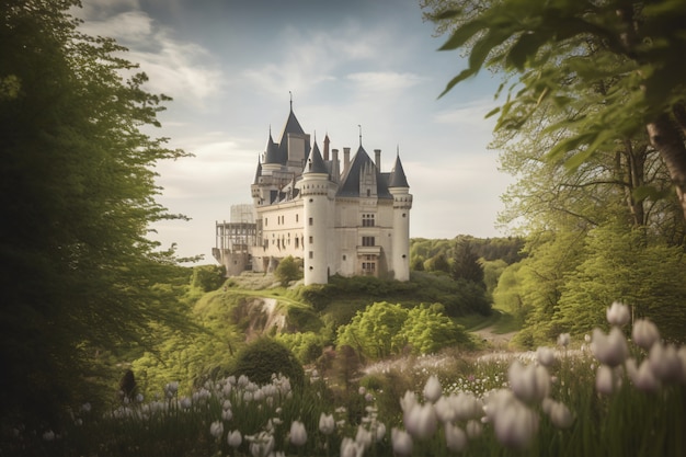 Uitzicht op imposant kasteel met natuurlijk landschap