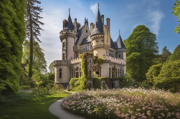 Uitzicht op imposant kasteel met natuurlijk landschap