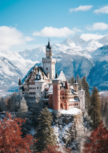 Gratis foto uitzicht op kasteel met winternatuurlandschap
