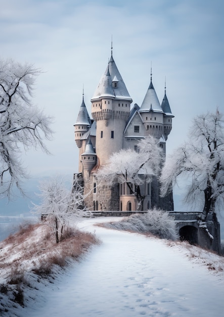 Uitzicht op kasteel met winternatuurlandschap