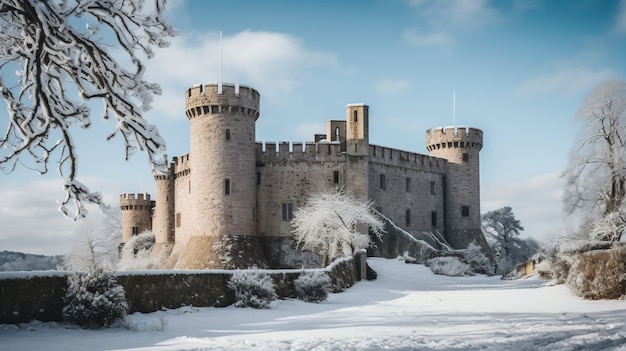 Gratis foto uitzicht op kasteel met winternatuurlandschap