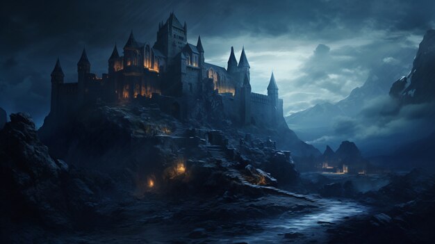 Uitzicht op kasteel 's nachts met enge sfeer