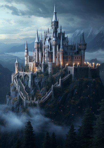 Uitzicht op kasteel 's nachts met enge sfeer
