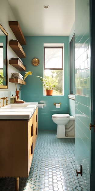 Uitzicht op kleine badkamer met moderne inrichting en meubilair