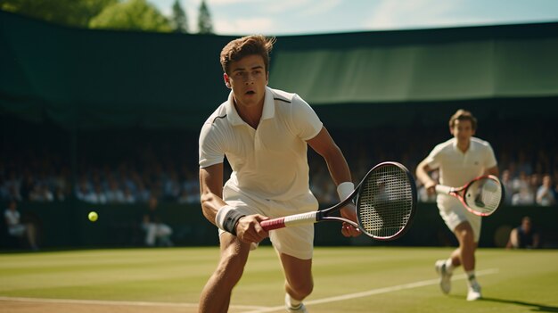 Uitzicht op mannelijke tennisspelers op het veld.