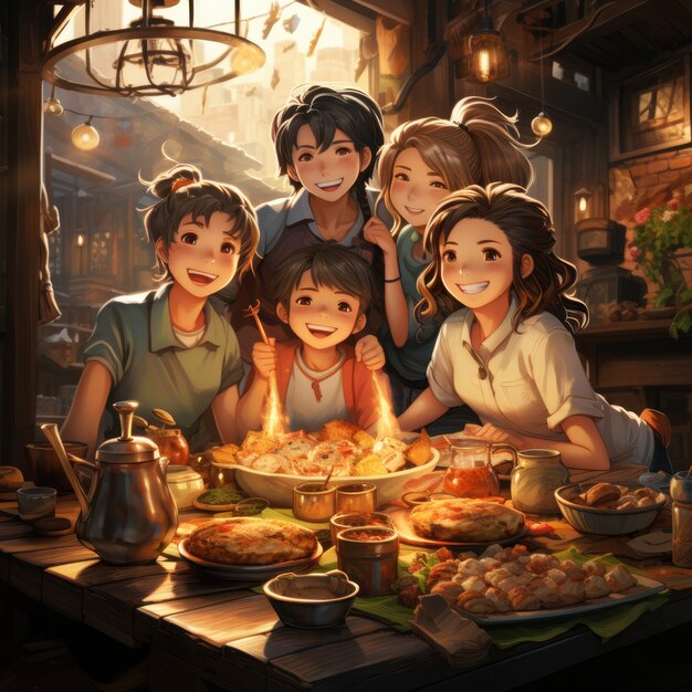 Uitzicht op mensen die genieten van heerlijk eten tijdens een reünie-diner in anime-stijl